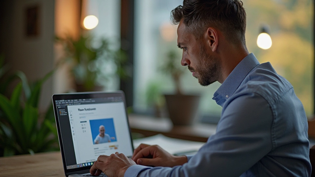 Laptop scherm met presentatie slides in voorbereiding, moderne kantoor omgeving