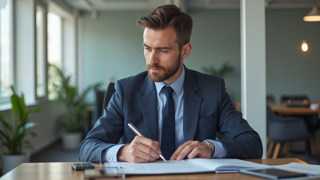 Man in pak zittend aan tafel met notities voor presentatie voorbereiding