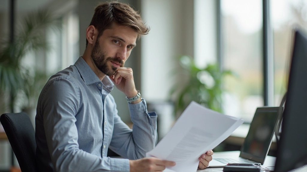 Man in kantoor controleert document op spelling en grammatica