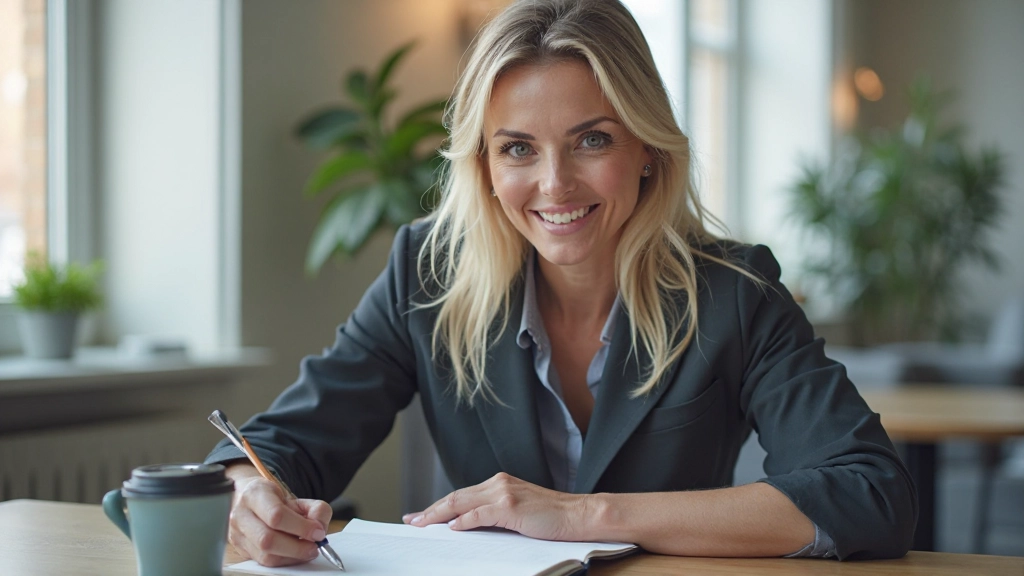 Professionele vrouw in kantoor, werkend aan rapport op bureau met notities en koffie