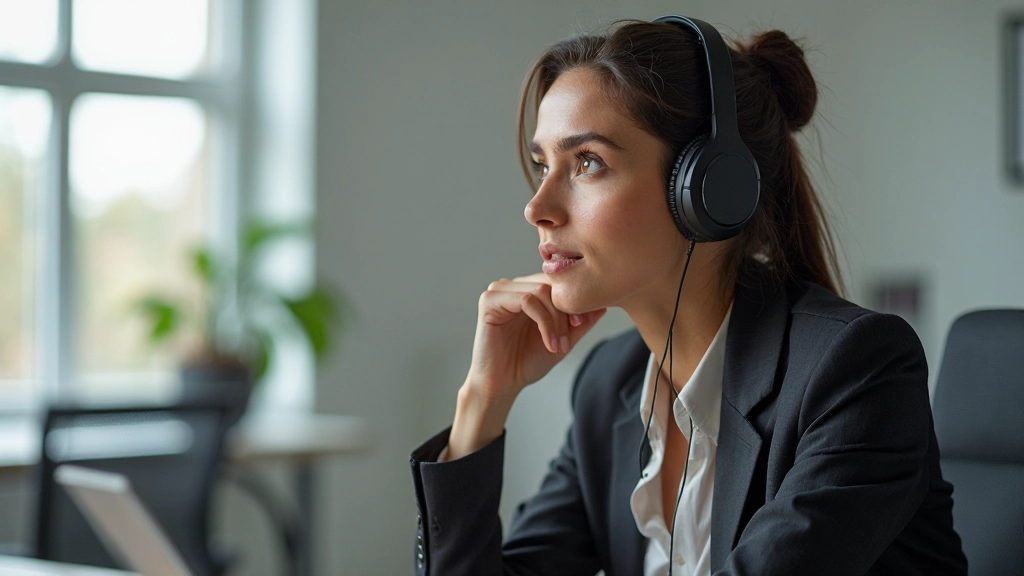 Vrouw met koptelefoon aan, luisterend, denkend, professioneel kantooromgeving