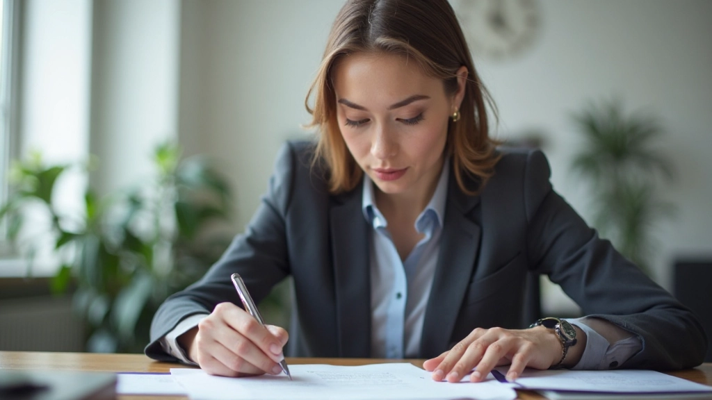 Vrouw aan bureau met pen in hand, focust op document schrijven in kantoor