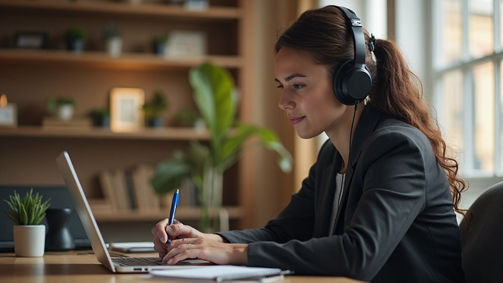 Vrouw aan laptop met koptelefoon, schrijft notities voor zakelijk rapport
