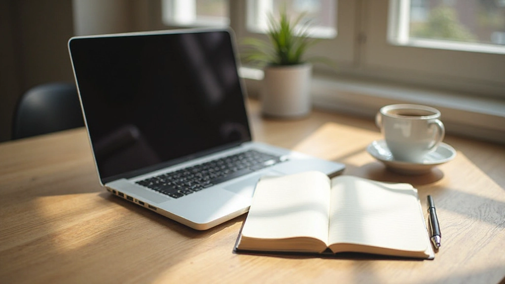 Professioneel bureau met laptop, notitieboek en koffiekopje op houten tafel met zacht daglicht